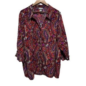 Catherines Blouse Women 4X Red Paisley Colorful 3/4 Sleeve Button Relaxed Tunic